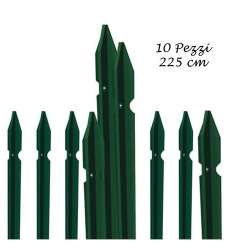 10 Paletti Recinzione 225 cm Ferro Plastificato Verde Pali per Rete da Giardino