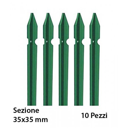 10 Paletti per Recinzione Alti 200 cm 35x35 in Ferro Plastificato Verde Pali a T