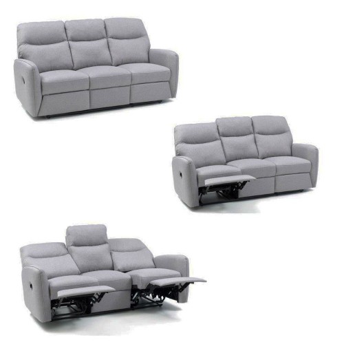 Divano 3 Posti Tessuto Grigio Imbottito Reclinabile Relax Salotto Sofa Moderno