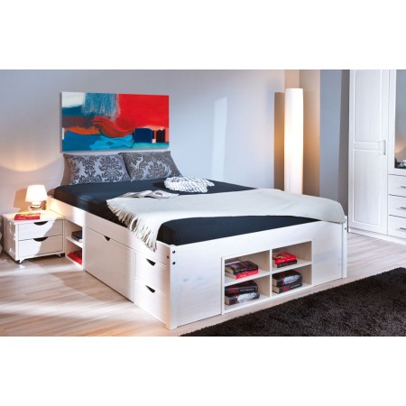Letto Matrimoniale 180x200 King Size Bianco Rete a Doghe con Cassetti In Legno