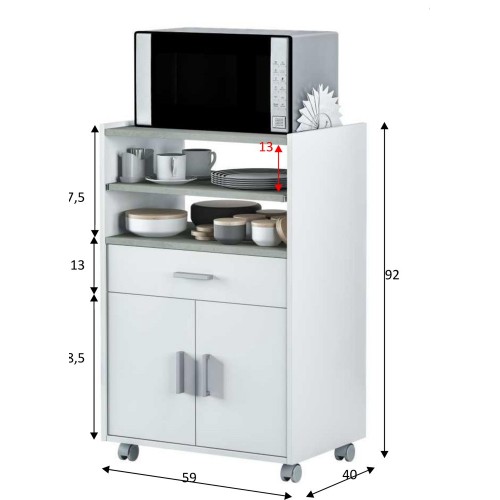 Mobile per Forno Microonde con Ruote in Legno Bianco Cassetto e 2 Ante  Cucina