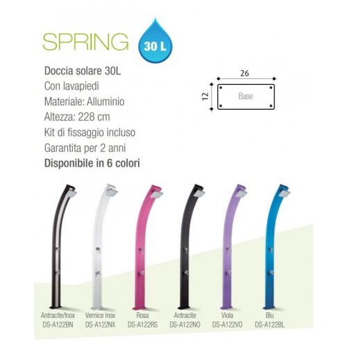 Doccia Solare in Alluminio Inox 30 litri per Esterno Giardino Piscina Campeggio