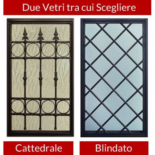Porta Blindata con Grata e Vetro Pannello per Esterno Grigio Vetroresina