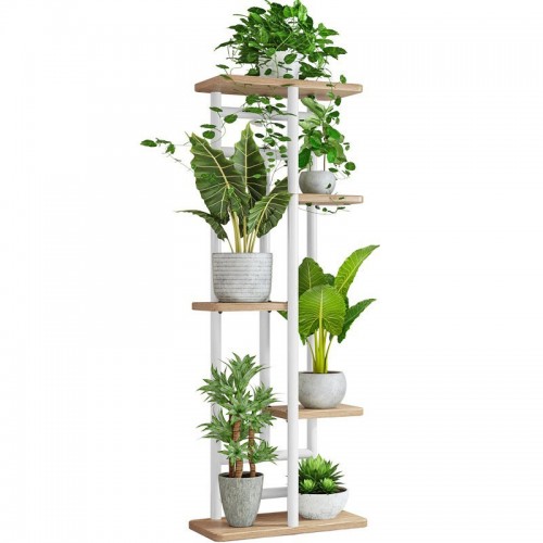 Porta piante verticale a colonna bianco e rovere struttura in metallo e 5 ripiani in legno MDF
