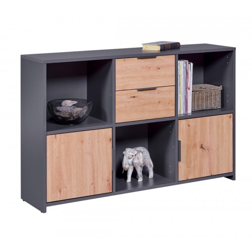 Mobile libreria a cubi in legno laminato colore grigio con sportelli colore quercia 120x30x77 cm