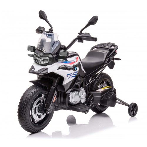 Moto elettrica a batteria BMW GS850F colore bianco a batteria con rotelle stabilizzatrici laterali