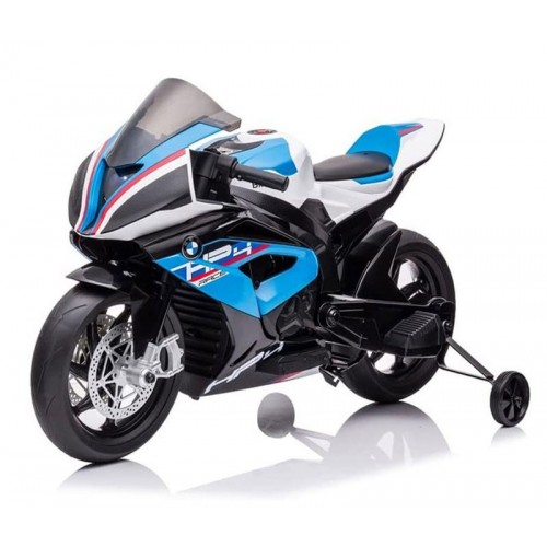 Moto elettrica per bambini BMW HP4 Race colore blu con rotelle stabilizzatrici