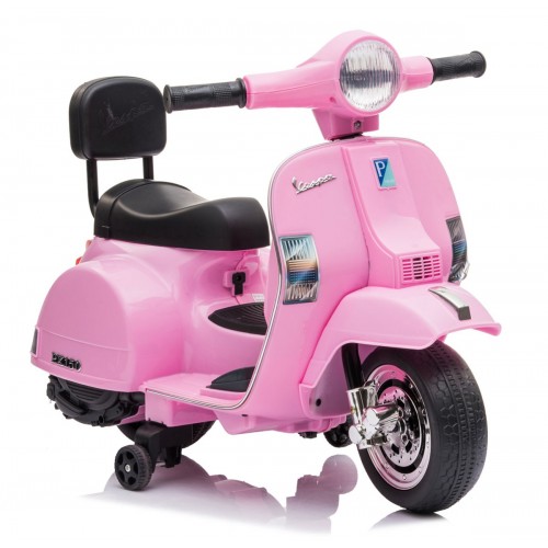 Mini Vespa Piaggio colore rosa moto elettrica a batteria 6 V con stabilizzatori laterali removibili