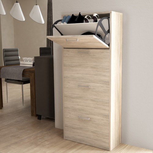 Mobile Porta Scarpe in Legno 4 Ante a Ribalta Doppia Scarpiera Pino