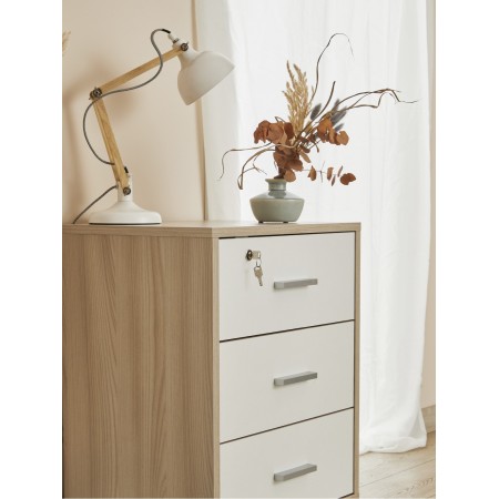 Cassettiera in Legno Olmo Bianca 3 Cassetti con Chiave Ruote Scrivania Ufficio | BricoShop24