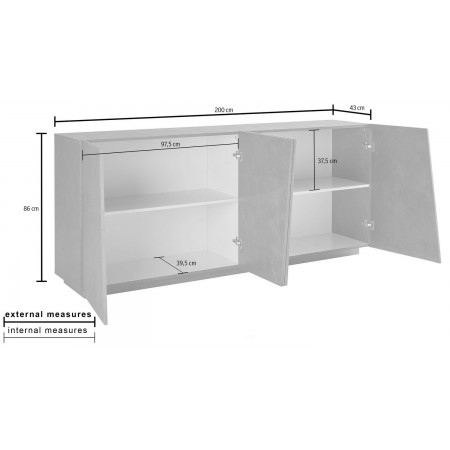 Mobile Credenza Moderna 200 cm Basso a 4 Ante per Soggiorno Bianco Lucido