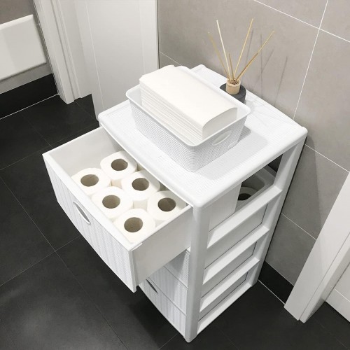 Cassettiera con 4 Cassetti in Plastica Bianca con Ruote Mobile da Interno