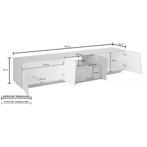 Mobile Porta TV con 4 Ante Madia Bassa Ardesia 220 cm per Soggiorno