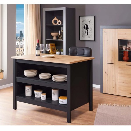 Tavolo da Cucina Mobile Alto con Ripiani Penisola in Legno Nero e Quercia