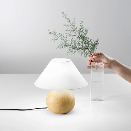 Lampada da Tavolo in Pino con Paralume in Tessuto Bianco Lampadina E14