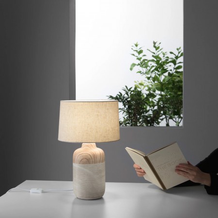 Luce da Tavolo Lampada in Ceramica e Legno con Paralume in Tessuto Bianco