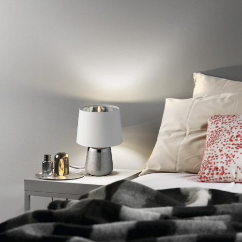 Lampada da Tavolo in Ceramica Argento con Paralume Bianco Elegante