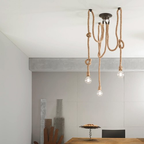 Plafoniera con 3 Punti Luce Lampada a Soffitto in Corda Vintage
