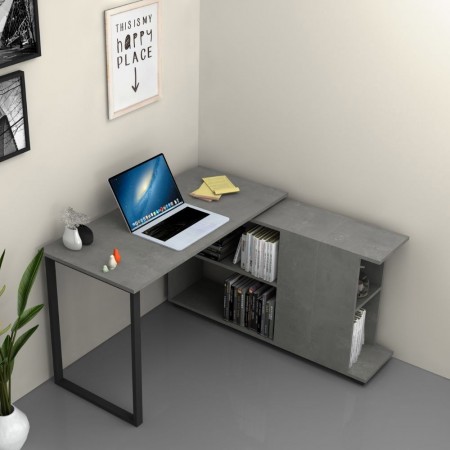 Scrivania Cemento Angolare 120x60 cm con Libreria Reversibile