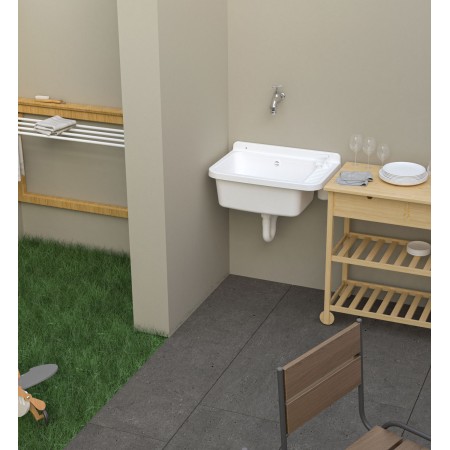 Pilozzo per Esterno 50x35 cm Bianco con Dispenser Sapone Lavabo a Muro