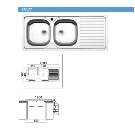 Lavandino da Cucina 120x50 cm Lavello 2 vasche Gocciolatoio Destro