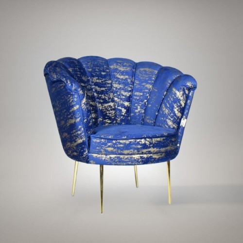 Poltrona a Conchiglia in Velluto Blu e Oro