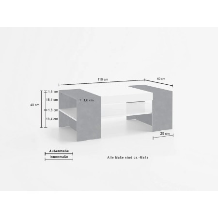 Tavolino da Caffè 110cm Bianco Laccato Rettangolare Basso da Soggiorno