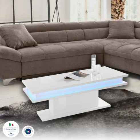 Tavolino da Caffè 100cm Bianco Lucido con led Basso da Soggiorno