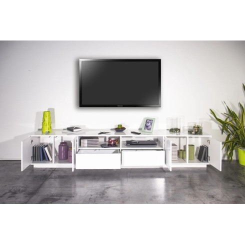Mobile Porta TV Bianco Laccato 260 cm Madia Bassa per Soggiorno