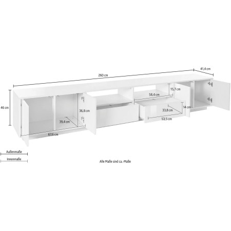 Mobile Porta TV Bianco Laccato 260 cm Madia Bassa per Soggiorno