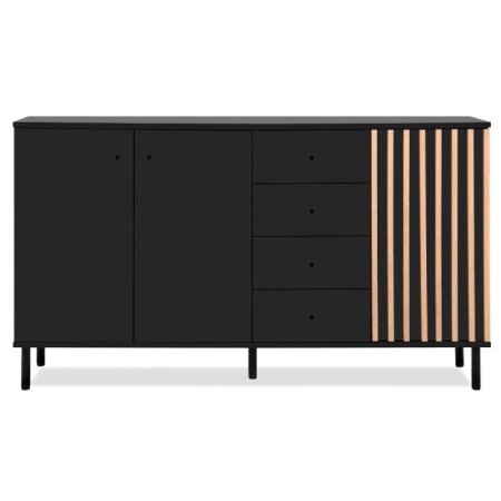 Credenza Madia 3 Ante e 4 Cassetti Nero con listelli Rovere
