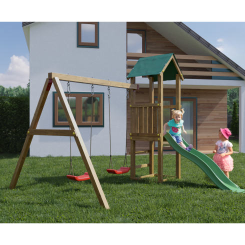 Parco Giochi in Legno con 2 Altalene Scivolo e Sabbiera 310x275x245cm
