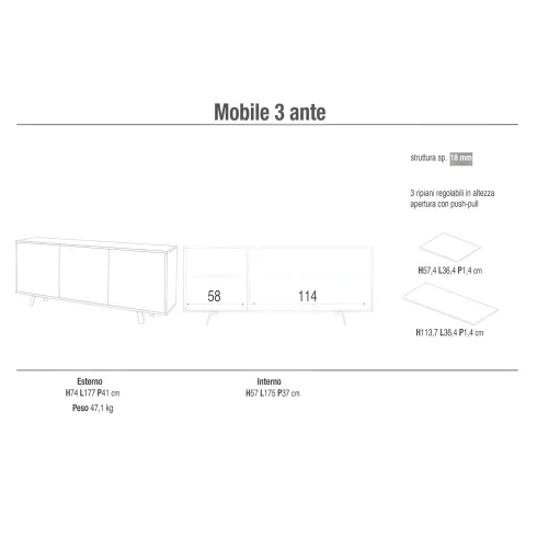 Mobile Soggiorno 3 Ante 177x41x74 cm Push-Pull Bianco e Rovere