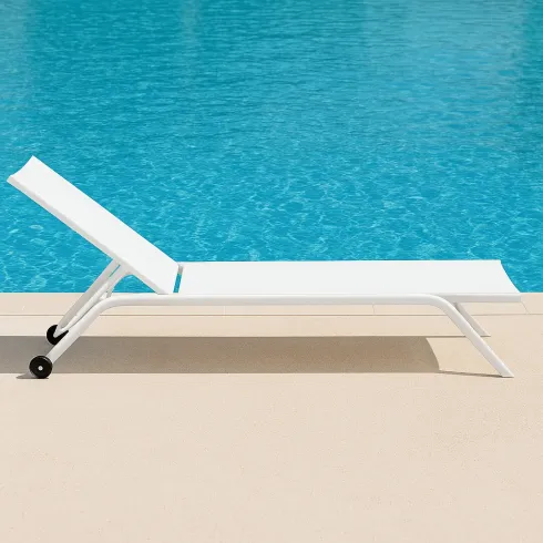 Lettino Prendisole Bianco Textilene Ruote Ø8 cm Schienale Regolabile