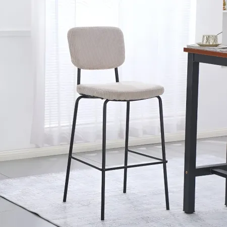 Sgabello Imbottito in Tessuto a Coste Beige Struttura in Metallo Nero