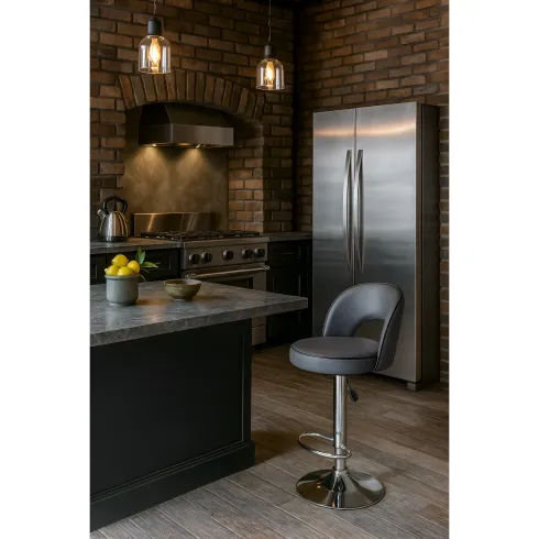 Sgabello in Ecopelle Grigio con Gamba in Metallo Inox Regolabile