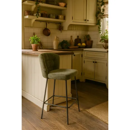 Set 2 Sgabelli da Interno Imbottiti in Tessuto Teddy Verde Gambe Nere