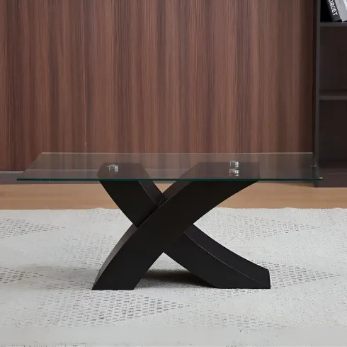 Tavolino in Vetro Temperato 110x60x45 cm Struttura Incrociata Nera