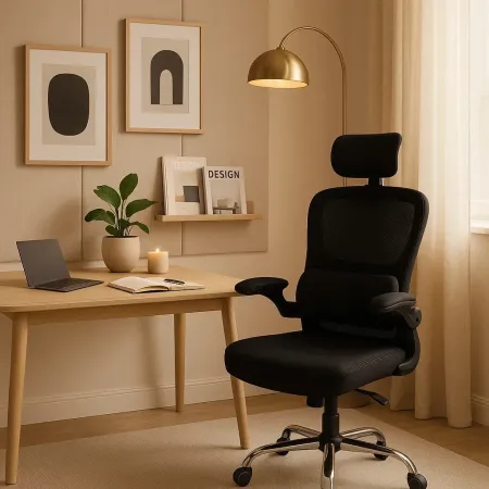 Sedia da Ufficio Ergonomica Nero in Rete con Braccioli e Poggiatesta