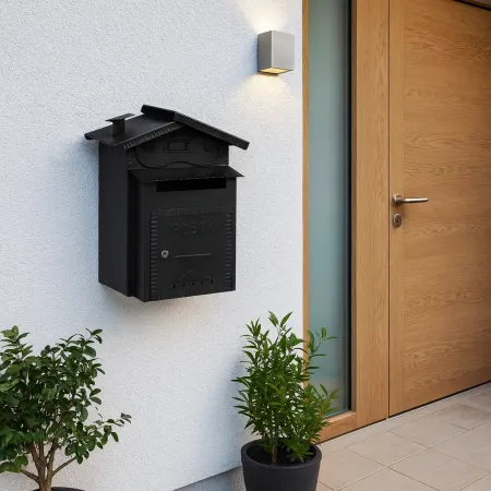Cassetta Postale Ferro Battuto Nero con Vano Pane e Tetto Apribile