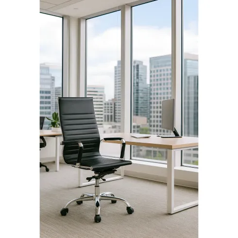 Sedia da Ufficio in PVC Nero Regolabile Oscillante Moderna Schienale Alto