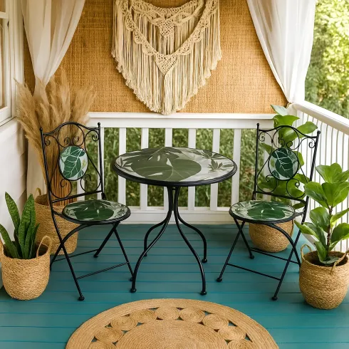 Set Tavolo da Giardino Ø 60 cm con 2 Sedie Pieghevoli in Ferro Verde