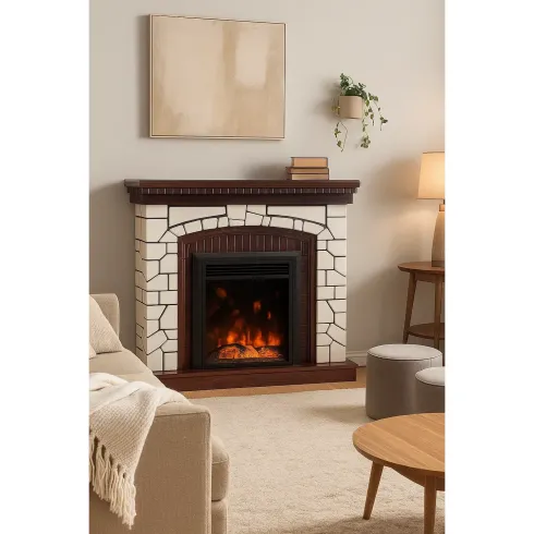 Caminetto Elettrico Classico 1500W Finitura Legno e Pietra e Suono Legna