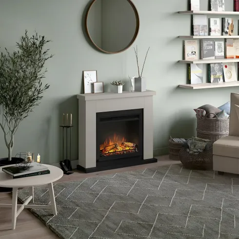 Caminetto Elettrico da Pavimento Tagu Frode con Cornice Decorativa in Legno Beige