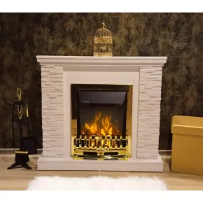 Camino Elettrico Moderno Bianco 2000W Effetto Pietra Finiture Oro 2