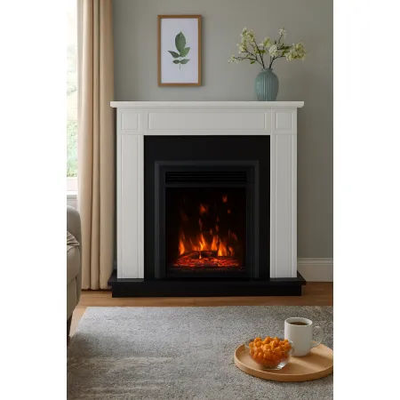 Camino Elettrico 1500W Cornice Decorativa Bianco e Nero Fiamma LED
