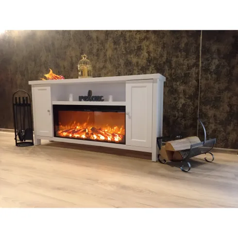 Mobile Camino Elettrico 1500W Rustico da Soggiorno Bianco Fiamma Arancione
