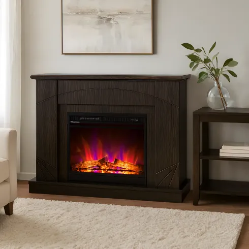 Camino Elettrico con Mantello Legno Scuro 1500W Fiamma LED 3 Colori