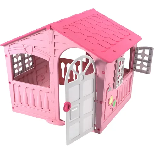 Casetta da Giardino per Bambini Rosa in Plastica Porta e Finestre Apribili