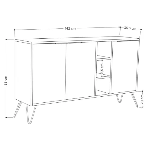 Credenza Madia con Nicchie 3 Ante Bianco per Soggiorno Gambe Metalliche
